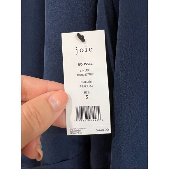 Joie NWT Roussel Ruched Ruffle-Trim Silk Navy Blue Midi Dress Sz S - Picture 7 of 9